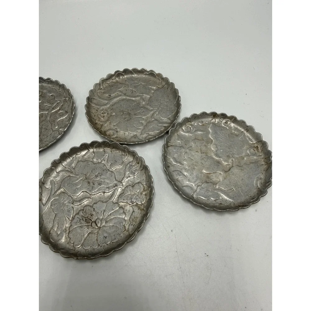 Vintage Embossed Floral Metal Coasters Scalloped Edge Set of 5 Silver Tone 3in